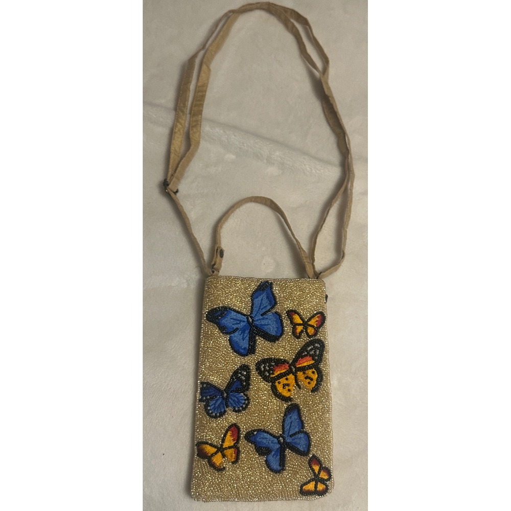 Beaded Butterfly Crossbody Phone Bag Gold Seed Bead Embroidered Small Pouch